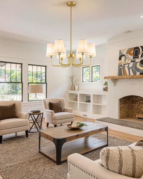 6-Light Gold Chandelier for Dining Room, No Assembly Modern Chandelier Light Fixture with White Linen Shades, UL Listed 25" Farmhouse Brass Dining Room Light Fixture Bedroom Entryway Foyer9