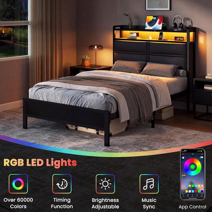 Twin Size Bed Frame with LED Lights and Charging Station, Black3