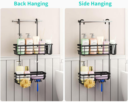 Hanging Shower Caddy – for Renters & Small Bathrooms, Fits Shower Curtain Rods, No Drilling, 2 Rustproof 304 Shelves, 4 Hooks, and a Detachable Toothbrush Holder You Can Rinse - Black3