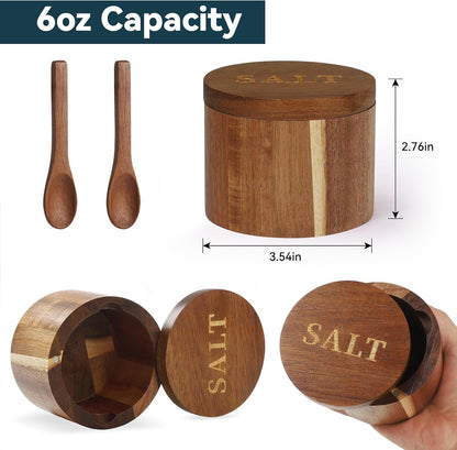 Salt Cellar, Acacia Wood Salt Container with Built-In Spoon & Swivel Lid, Engraved SALT Box, Salt Holder Bowl for Countertop Seasoning Storage6