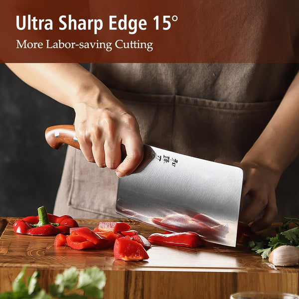 Cleaver Knife 7.1 Inch, German 1.4116 Steel & Ergonomic Red Wood Handle, Sharp Meat Cleaver for Meat Cutting Vegetable Slicing3