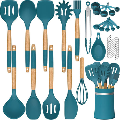33 PCS Silicone Kitchen Utensils Set,  Heat Resistant Cooking Utensils Set with Holder, Wooden Handle Kitchen Gadgets Tools Spatula for Nonstick Cookware1