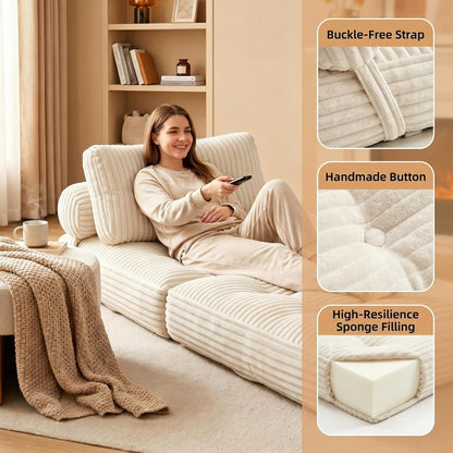Ultra Lightweight Folding Sofa Bed, Convertible Fold Out Sleeper Chair with Pillow & Lumbar Back Support, Portable Comfy Floor Lounge Boneless Couch for Living Room, Bedroom, Beige5