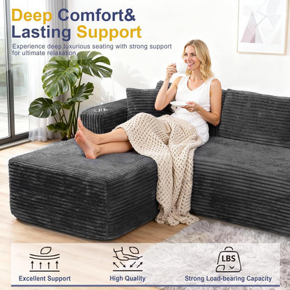103" Boneless Couches for Living Room with 2 Cup Holders,L Shaped Modular Sectional Sofa Set,No Assembly Needed Plush Corduroy Living Room Set,Dark Gray5
