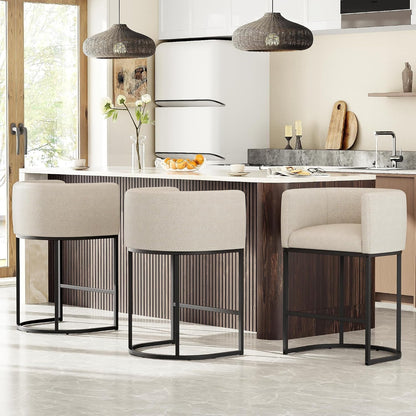 26" H Counter Height Bar Stools Set of 2, Modern Barrel Counter Stools with Backrest and Arms, Linen Fabric Upholstered Accent Barstools for Kitchen Island,Support 450 LBS (Beige)6