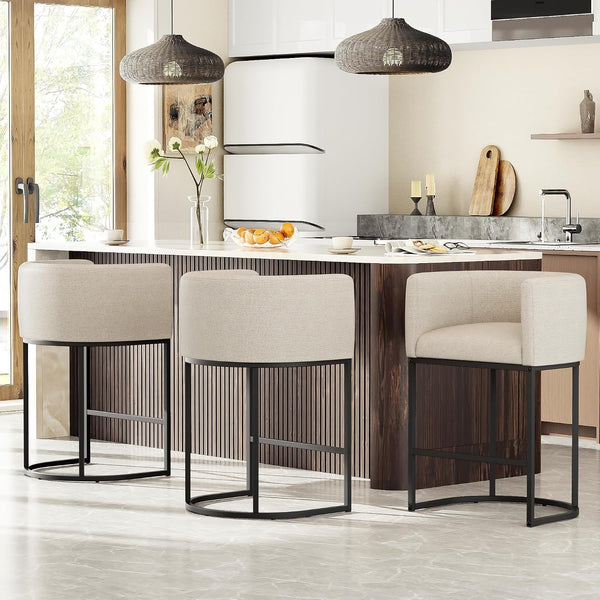 26" H Counter Height Bar Stools Set of 2, Modern Barrel Counter Stools with Backrest and Arms, Linen Fabric Upholstered Accent Barstools for Kitchen Island,Support 450 LBS (Beige)6