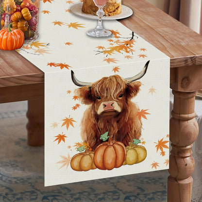 Fall Table Runner Cow Pumpkin Linen Seasonal Kitchen Dining Table Home Outdoor Party Decorations 13X72 Inch3