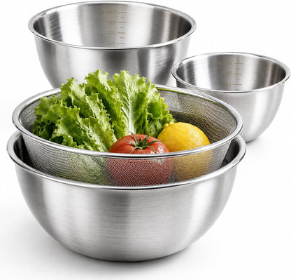 Stainless Steel Mixing Bowls Set of 4 with Colander, Nesting Metal Kitchen Bowls with Measurement Marks for Mixing, Prep, Salad & Baking, Dishwasher Safe1
