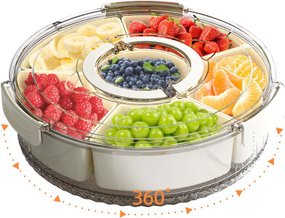 Divided Serving Tray with Lid and Handle, Stackable Snackle Box Container for Fruits Candy Organizer, Portable Spinning Rounded Veggie Tray for Kitchen, Party, Trave and Picnic-1 PACK1