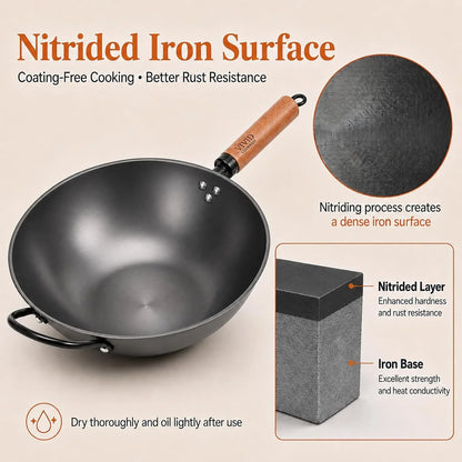12.6 Inch Carbon Steel Wok with Lid, Flat Bottom Induction Wok Pan, Non-Coated Stir Fry Wok Skillet with Helper Handle, Gas Electric Ceramic Halogen Compatible, Includes Iron Wok Spatula4