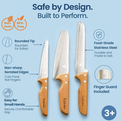 Kids Knife Set for Real Cooking, Kids Safe Kitchen Chef Knives | 4PCS, Food-Grade Stainless Steel Blades, Ergonomic Wood Grip, Bpa-Free, Child-Friendly Cutting Tool for Beginner Training4