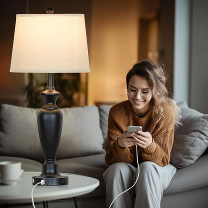 30" Tall Table Lamps Set of 2, Touch Control Bedside Lamp with USB A+C Ports and AC Outlet, 3-Way Dimmable Modern Metal Nightstand Lamp for Bedroom Living Room, 2 LED Bulbs Included, Black5