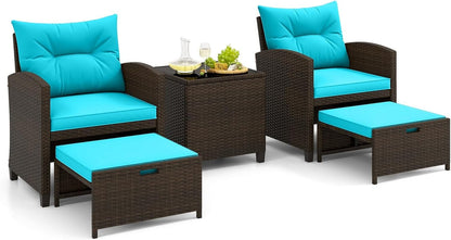 5 Pieces Patio Conversation Set, PE Wicker Outdoor Furniture Set with 2 Chairs, 2 Ottomans & Tempered Glass Coffee Table, Ideal for Poolside, Backyard, Lawn, Deck, Mix Brown & Turquoise1