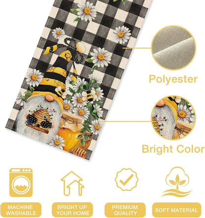 Spring Bee Gnome Table Runner, Honey Black White Buffalo Plaid Check2