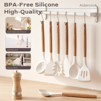 Kitchen Utensils Set, 39 PCS Silicone Cooking Utensils Set with Wooden Handle, 446°F Heat Resistant Food Grade Utensil Sets, BPA Free Kitchen Gadgets Tools Set for Nonstick Cookware (Cream)8