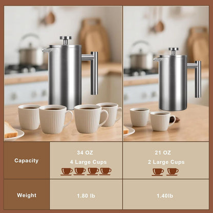 French Press 34 Oz, Full Stainless Steel French Press Coffee Maker 4 Cups | Upgraded Double-Walled Insulated French Coffee Presses, Food Grade Good for Kitchen Camping, Dishwasher Safe 2 More Filters6