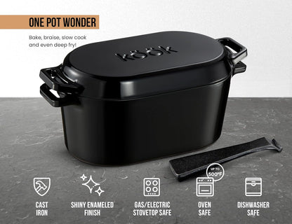 Oval Dutch Oven, for Bread Baking, Sourdough Loaf Pan, with Lid, Dual Handles, Enameled Cast Iron, Includes Lid Lever, Dishwasher Safe, 3.4 Qt, Black8