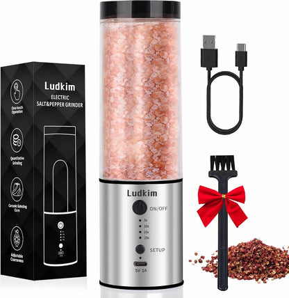 Electric Salt and Pepper Grinder, 240ML Large Capacity Rechargeable Automatic Salt and Pepper Shakers with 5-20S Timer, LED Adjustable Coarseness，Kitchen Appliances Birthday Gifts for Women Men1
