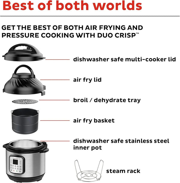 Duo Crisp 11-In-1 Air Fryer and Electric Pressure Cooker Combo with Multicooker Lids That Fries, Steams, Slow Cooks, Dehydrates,Free App with over 800 Recipes, Black/Stainless Steel, 8QT7