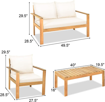 Outdoor 4-Piece Acacia Wood Chat Set, 4 Seater Acacia Wood Conversation Sofa and Table Set with Water Resistant Cushions, Teak Finished (1, White)6