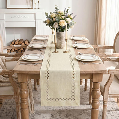 Beige Rustic Geometric Hollow Table Runner, Seasonal Washable Kitchen Dining Table Decoration for Home Party Decor 13X90 Inch2