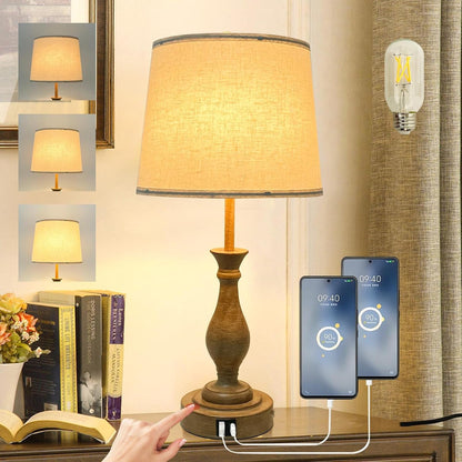 Farmhouse Table Lamp Touch Control 3-Way Dimmable Table Lamp, Modern Nightstand Lamp with 2 USB Port Bedside Desk Lamp with Fabric Shade for Living Room (Pack 1-Beige Shade & Touch)1