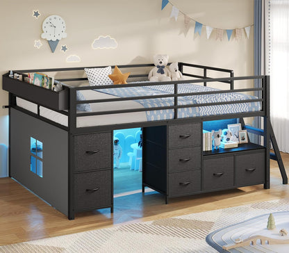Kids Low Loft Bed Full with 7 Drawers, Bookcase, Safety Guardrail1
