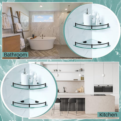 2 Pcs Corner Shower Shelf 2-Tier Glass Corner Shelf Stainless Steel Wall Mounted Bathroom Organizer for Storing Shower Gel Shampoo Brush, 9.25 Inches (Black)7