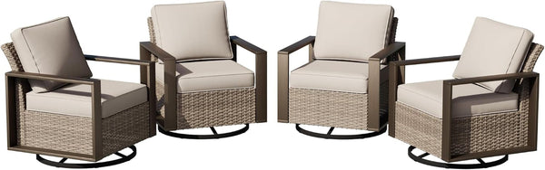 Outdoor Patio Swivel Rocker Chairs Set, 4 Pieces Wicker Rattan Chairs with Metal Wide Armrest, Thick Cushions and Deep Seating for Garden, Backyard, Porch, Deck8
