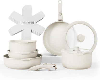 Cookware Set with Removable Handle, Oven & RV Safe Pots and Pans Set, Cream, Original1