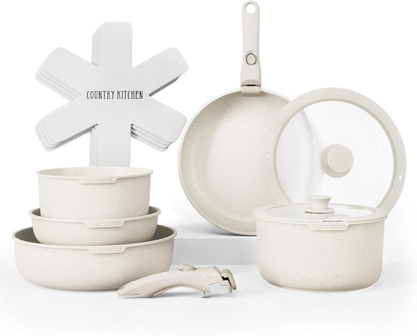 Cookware Set with Removable Handle, Oven & RV Safe Pots and Pans Set, Cream, Original1