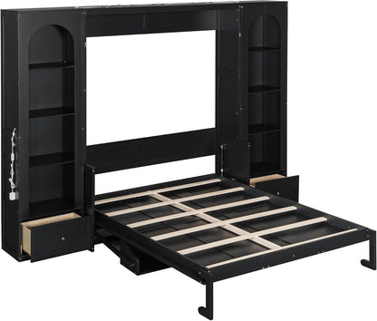 Queen Murphy Bed with Desk and Storage & LED Light, Solid Wood Hideaway Murphy Wall Bed with Storage Shelves Bookcase and Drawers for Adults Bedroom Office Library (Queen,Black)7