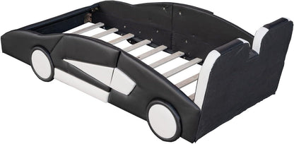 Twin Upholstered Floor Platform Bed Frame, PU Leather Day Bed with Race Car-Shaped Headboard, No Box Spring Needed, Black8