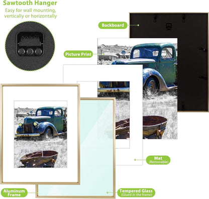 11X14 Gold Aluminum Frame, Real Glass, Mat Fits 8X104