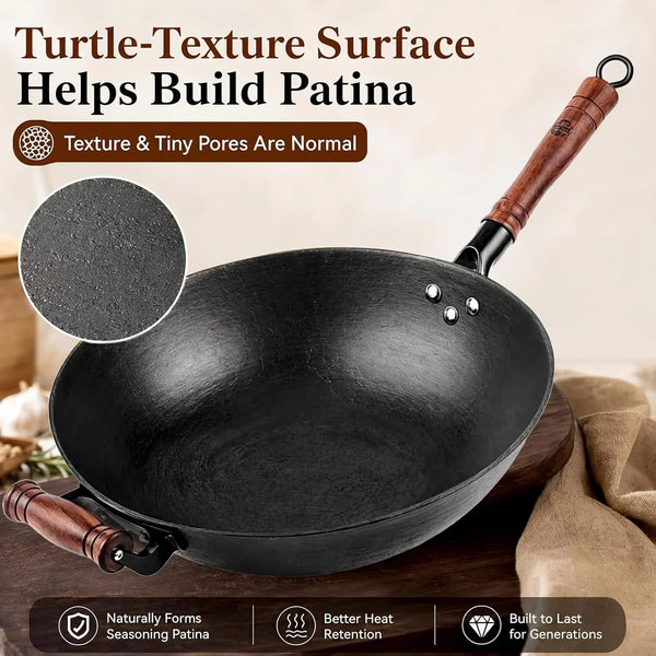 12.6 Inch Cast Iron Wok with Wooden Lid, Handcrafted Flat Bottom Chinese Stir Fry Pan, Uncoated Heavy-Duty Iron Wok for Induction, Gas, Electric & Ceramic Stoves | Uncoated Cast Iron Wok with Wood Lid for Induction, Gas and Electric Stoves; Season before Use.5