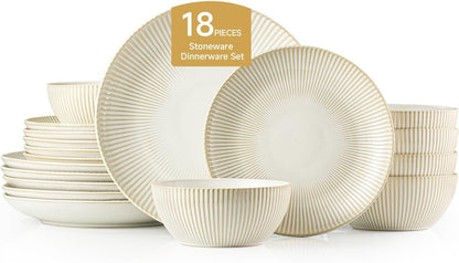 18-Piece Stoneware Dinnerware Set, Beige Reactive Glaze for 61