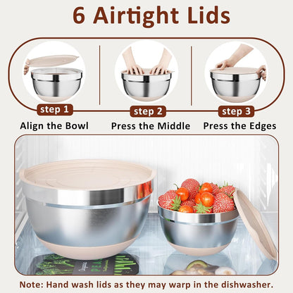 9 Pack Mixing Bowls with Airtight Lids & Grater Attachments, Khaki | Stainless Steel Bowl, Non-Slip Bases, Nesting Kitchen Bowl, Size 5, 4, 3, 2, 1.5,1Qt,For Food Prep, Baking, Storage & Serving5