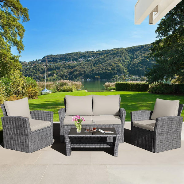 4 Pieces Conversation Set Outdoor Patio Rattan Furniture Set with Cushions and Coffee Table, Sectional Wicker Sofa Set for Garden Porch Balcony Poolside2