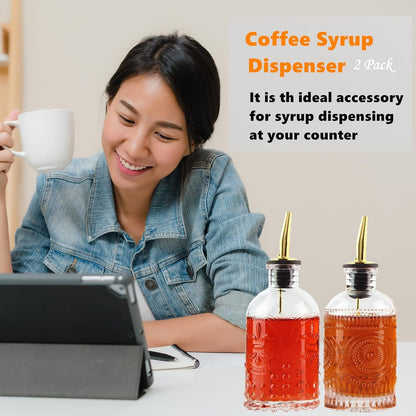 Coffee Syrup Dispenser Bottles Set 2 Pack 7 OZ Simple Small Syrup Bottles Set with Metal Pour Spout Ideal for Coffee Syrups, Condiments, Coffee Bar, SC056 (2 Pack)2