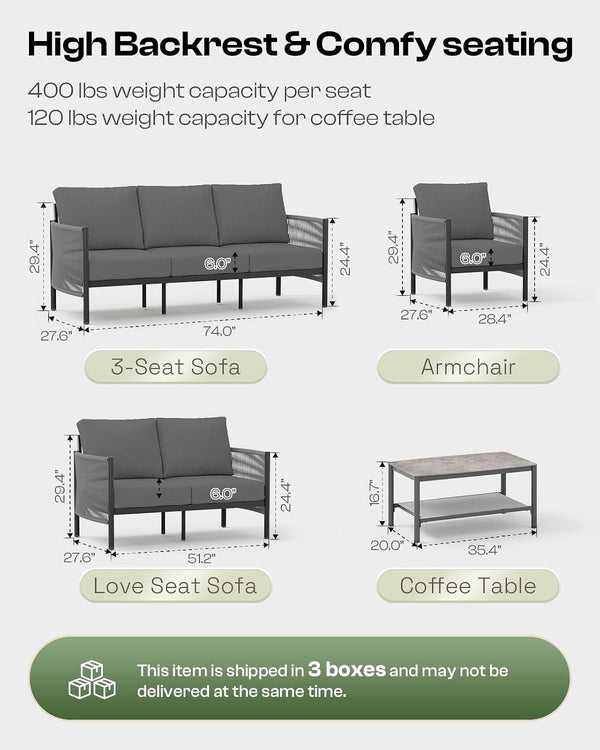 Aluminum Outdoor Patio Furniture Set with Dual-Layer Coffee Table, 4 Piece Modern Patio Conversation Sets with PE Rope, Outdoor Sectional Sofa with Thick Cushions for Balcony, Porch, Charcoal6