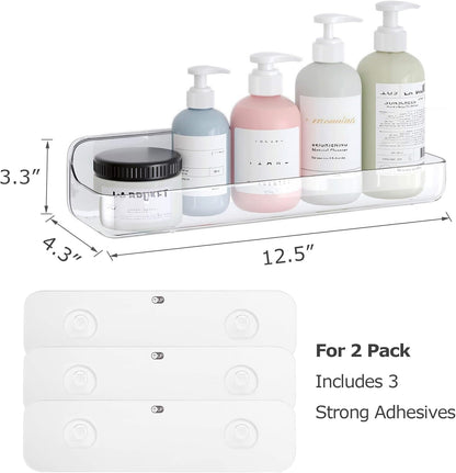 Acrylic Clear Shower Caddy Adhesive Shelf, 2Pc Plastic Shower Organizer with Self Adhesive Tape, No Drilling Wall Mount Shower Shelves for Bathroom Kitchen, Transparent2