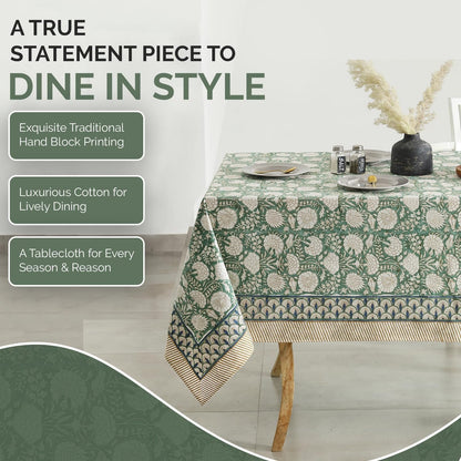 Indian Handblock Print Floral Cotton Table Cloth|Rectangle 60X90 Inch 6-Seater Kitchen Dining Table Cloth|Mother'S Day St.Patrick Wedding Holiday Party Decorative Table Cover|Moss Green3