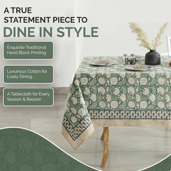 Indian Handblock Print Floral Cotton Table Cloth|Rectangle 60X90 Inch 6-Seater Kitchen Dining Table Cloth|Mother'S Day St.Patrick Wedding Holiday Party Decorative Table Cover|Moss Green3