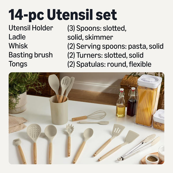 Silicone Cooking Utensils Set with Wooden Handle, 14-Piece, Bpa-Free, Utensil Holder Included, Linen Gray2