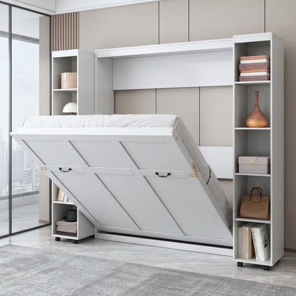 Queen Murphy Bed with 3 Doors Wardrobe Closet, Wood Wall Bed for Guest Room and Home Office, White Folding Lifting Bed W2