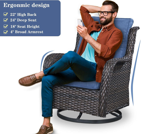 Wicker Outdoor Furniture Patio Furniture Set - 6 Piece Patio Conversation Set with Swivel Rocker Chairs, Rattan Sofa, Ottomans and Coffee Table, Blue Cushion4