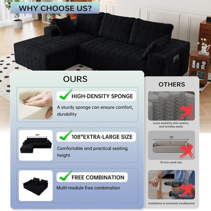 108" Modular Sectional Cloud Couch for Living Room Deep Seat L Shapes Boneless Couch with Oversized Chaise Lounge, Comfy Memory Foam Flannel Fabric Sofa for Bedroom Apartment, No Assembly Required7
