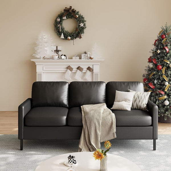 72'' Black Faux Leather 3-Seater Couch with USB, Small Sofa for Living Room9