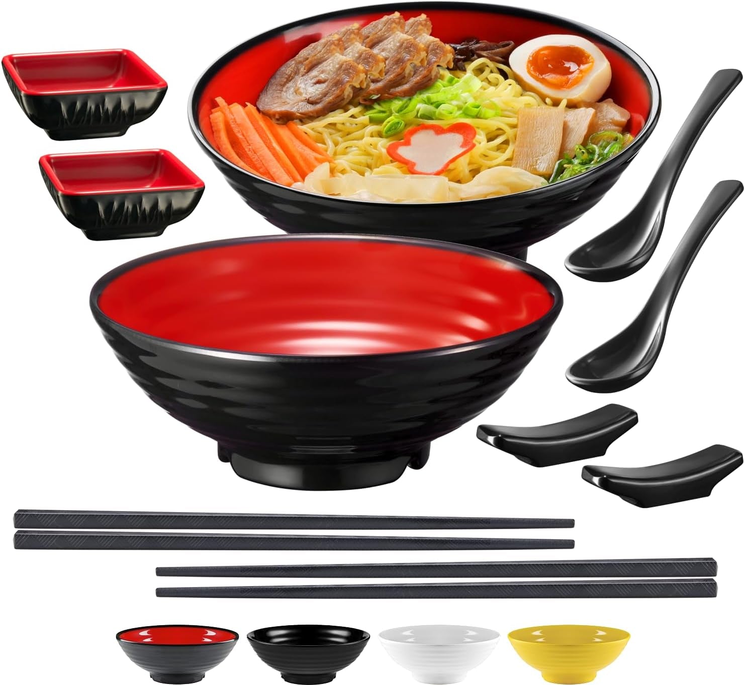 unbreakable-ramen-bowl-set-with-chopsticks-and-spoon-2-large-japanese-style-melamine-ramen-bowls-dipping-bowls-and-chopstick-stands-for-asian-pho-soup-thai-miso-udon-wonton-2-bowl-set-red-black