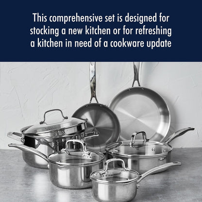 Henckels Clad H3 10-Pc Stainless Steel Cookware Set, Oven Safe up to 500°F | Dishwasher Safe, Tri-Ply Clad Construction. Induction Compatible Designed for All Cooktops.2